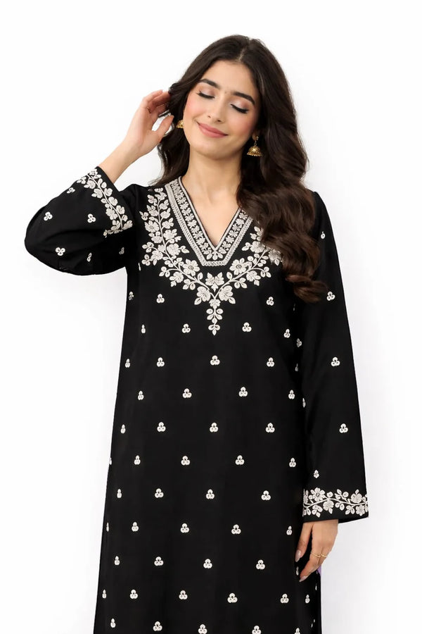Black Embroidered Lawn Shirt with Cotton Trouser 2-Piece Suit for Women